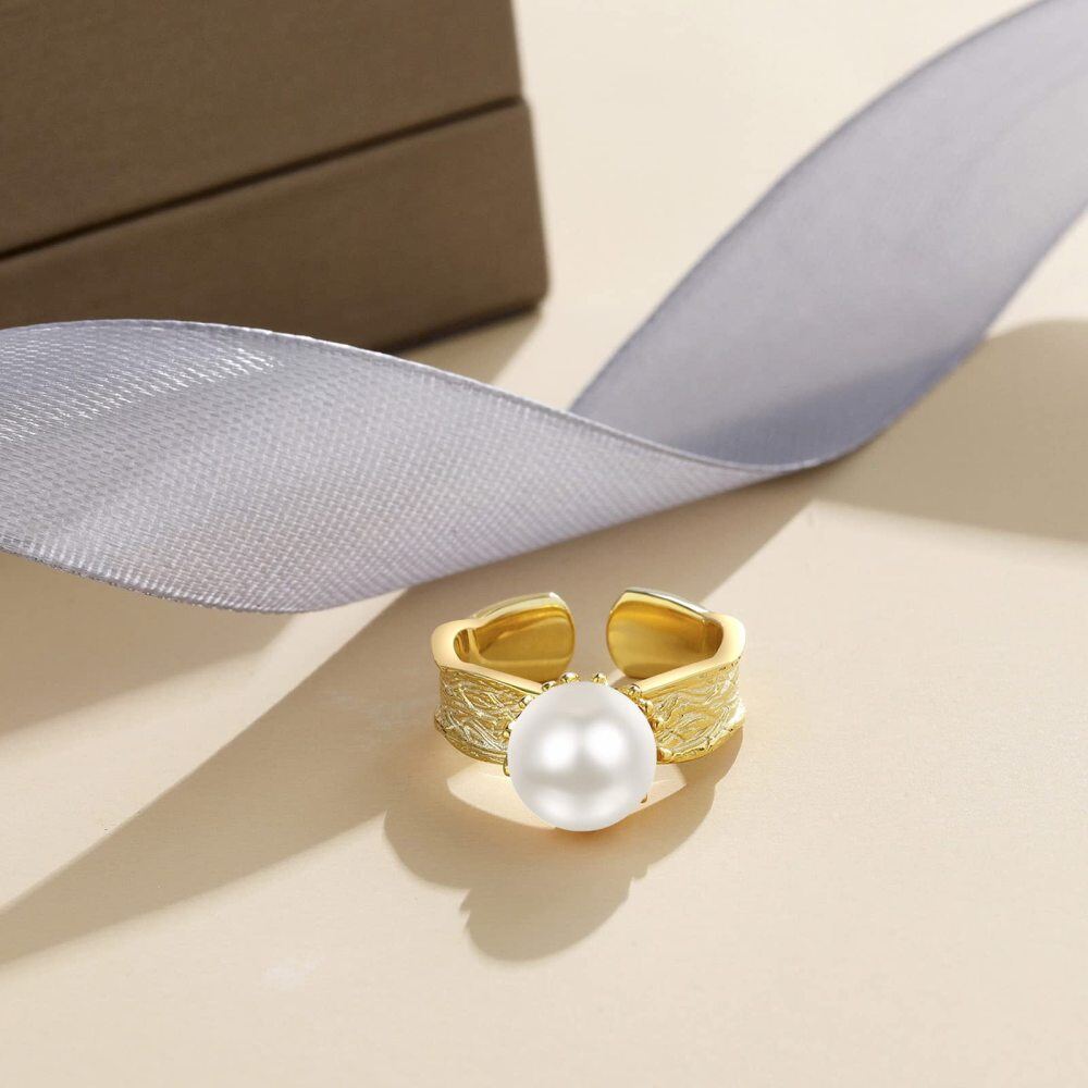 Sterling Silver with Yellow Gold Plated Pearl Bead Open Ring-4