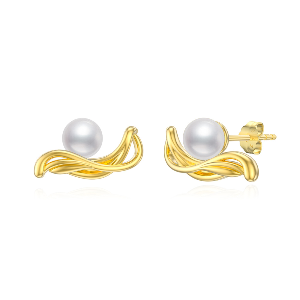Sterling Silver with Yellow Gold Plated Pearl Bead Stud Earrings-1