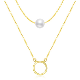 Sterling Silver with Yellow Gold Plated Pearl Circle Layered Necklace-1