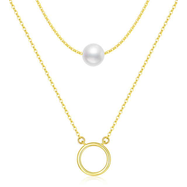 Sterling Silver with Yellow Gold Plated Pearl Circle Layered Necklace-1