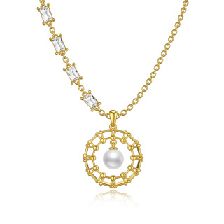 Sterling Silver with Yellow Gold Plated Pearl Circle Pendant Necklace-4