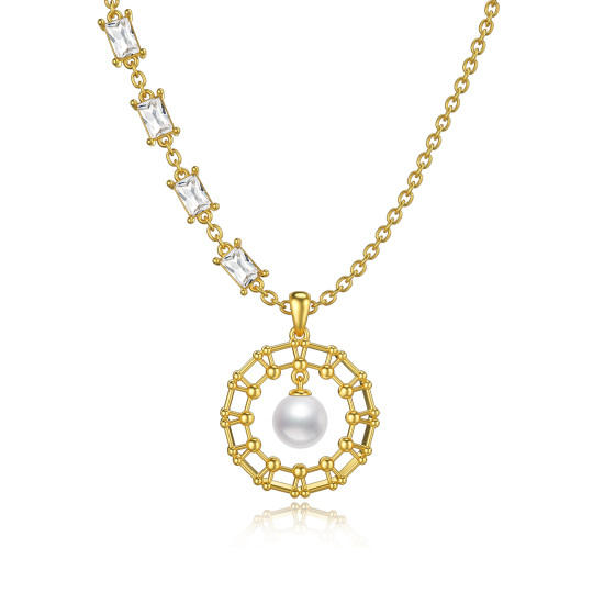 Sterling Silver with Yellow Gold Plated Pearl Circle Pendant Necklace