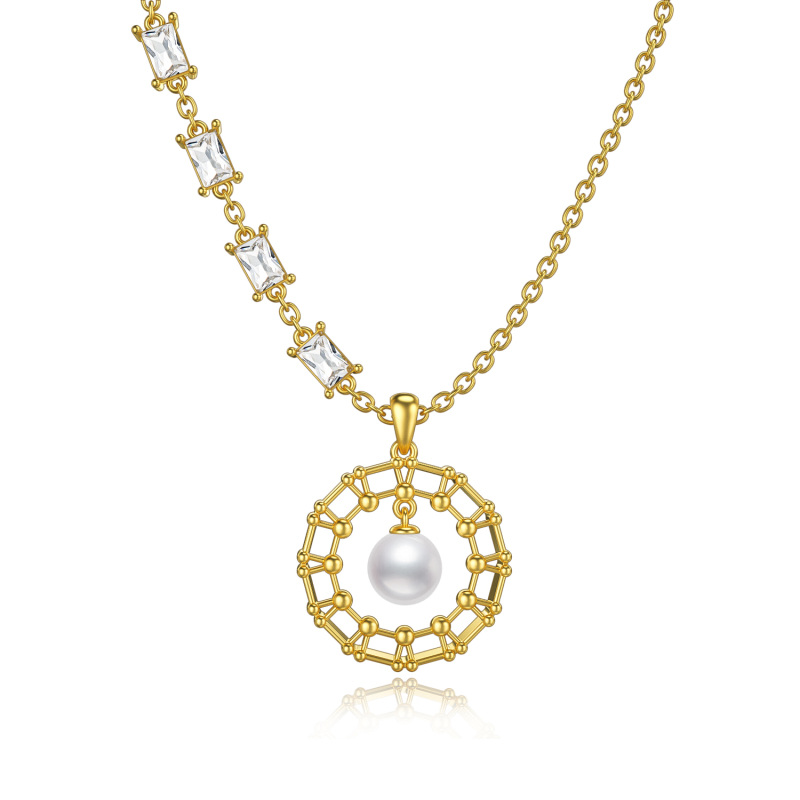 Sterling Silver with Yellow Gold Plated Pearl Circle Pendant Necklace-8