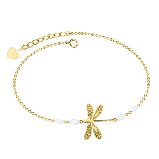 Sterling Silver with Yellow Gold Plated Pearl Dragonfly Charm Bracelet