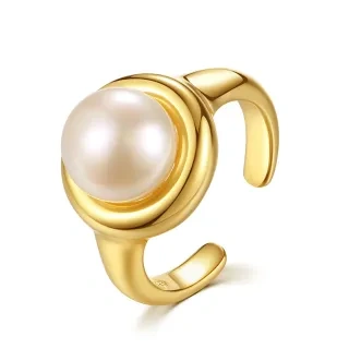 Sterling Silver with Yellow Gold Plated Pearl Open Ring-14