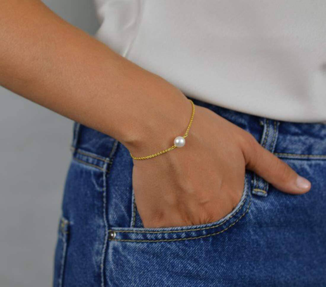 Sterling Silver with Yellow Gold Plated Pearl Charm Bracelet-2