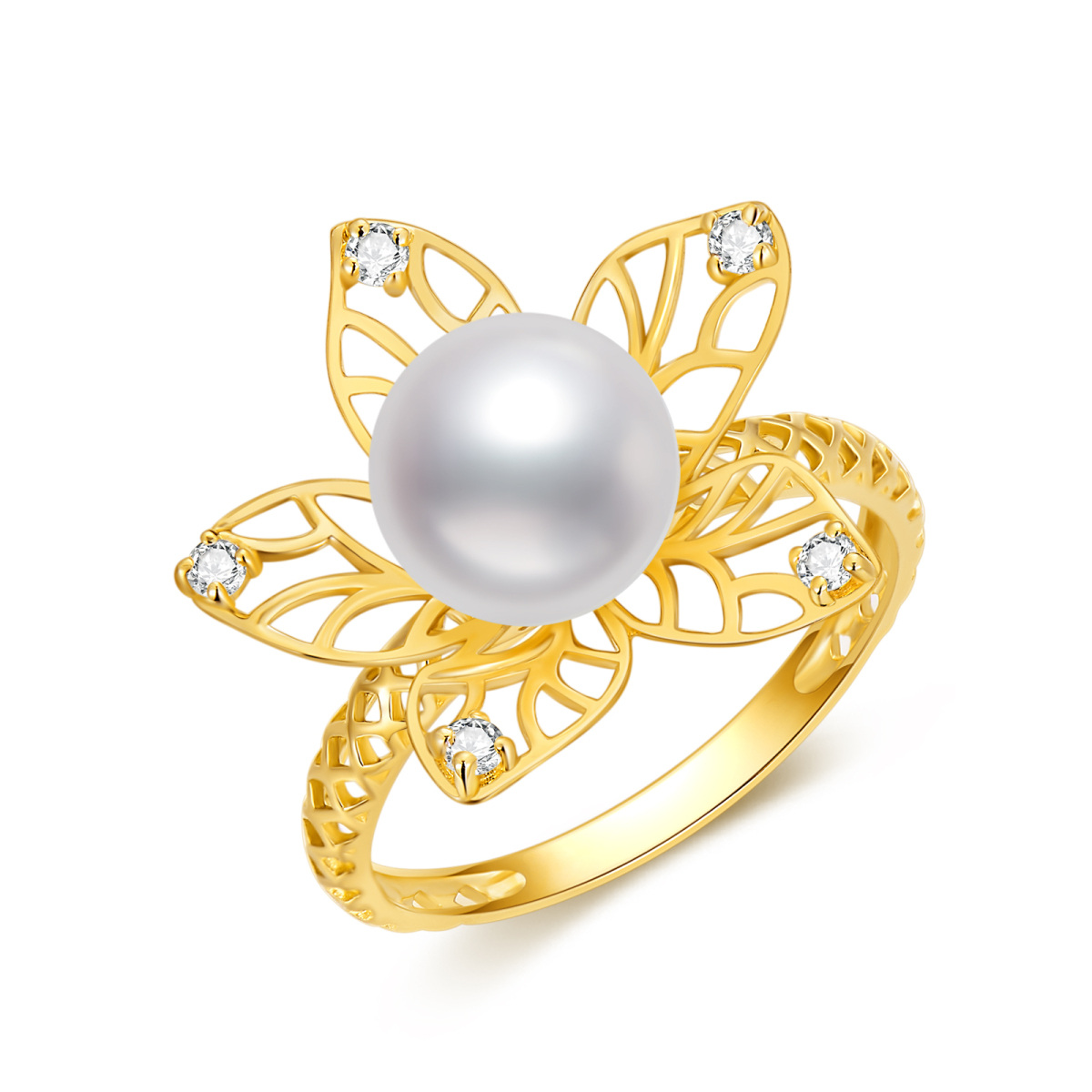 Sterling Silver with Yellow Gold Plated Cubic Zirconia & Pearl Ring-1