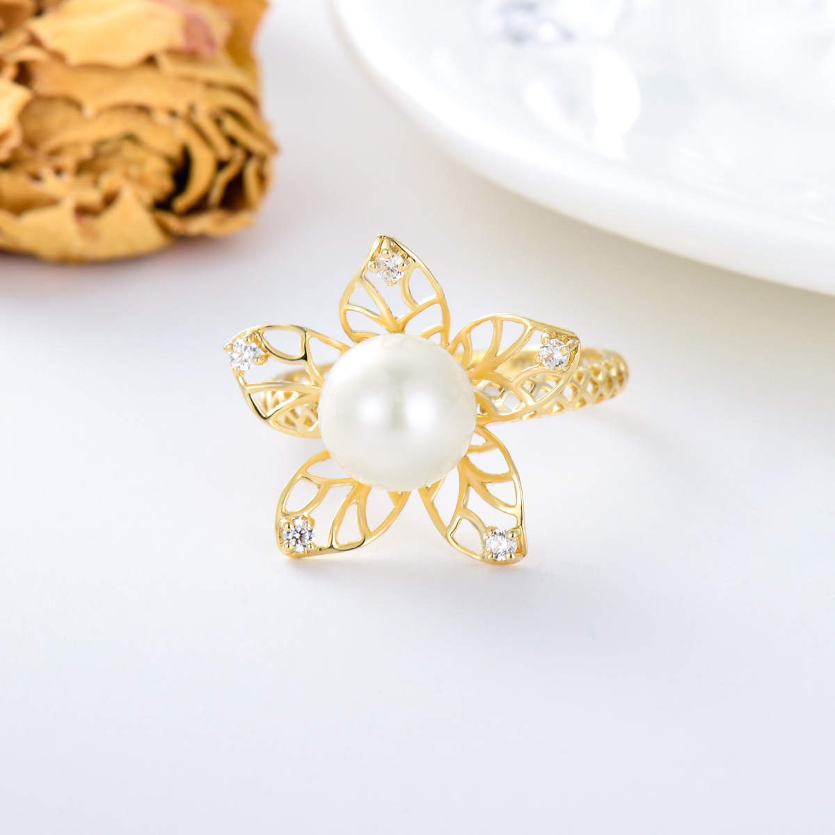 Sterling Silver with Yellow Gold Plated Cubic Zirconia & Pearl Ring-3