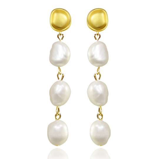 Sterling Silver with Yellow Gold Plated Pearl Round Drop Earrings-1