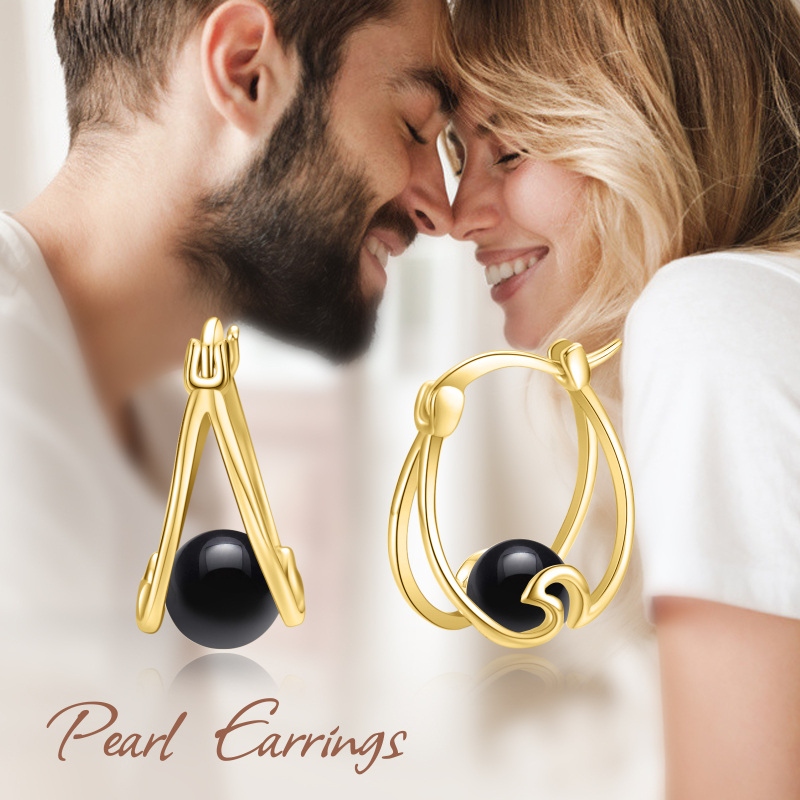 Sterling Silver with Yellow Gold Plated Pearl Spray Hoop Earrings-6