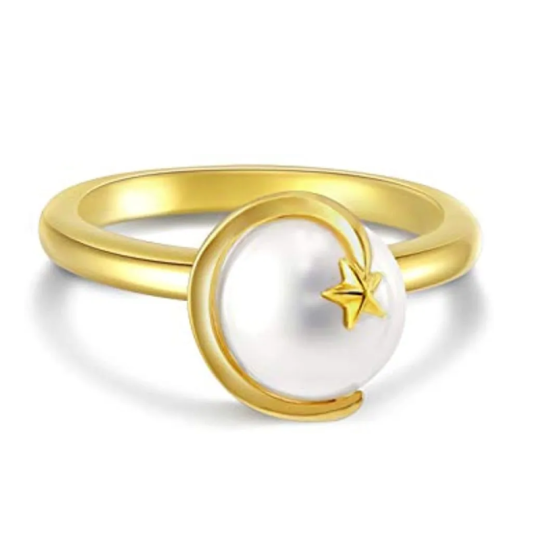 Anillo de plata de ley con perla bañada en oro amarillo y estrella