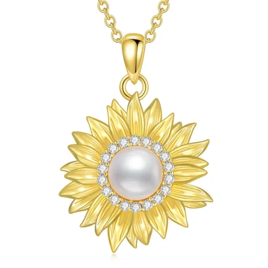 Sterling Silver with Yellow Gold Plated Pearl Sunflower Pendant Necklace