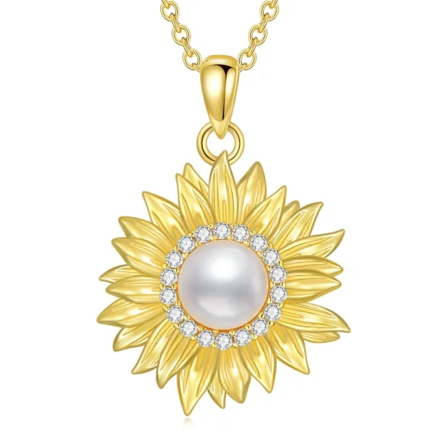 Sterling Silver with Yellow Gold Plated Pearl Sunflower Pendant Necklace-1