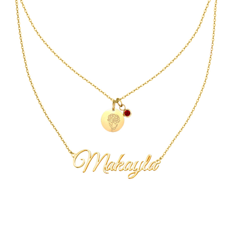 Sterling Silver with Yellow Gold Plated Cubic Zirconia & Personalized Birthstone & Personalized Classic Name Birth Flower Layered Necklace-1