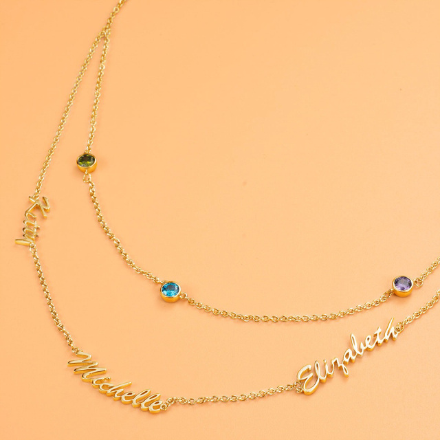 Sterling Silver with Yellow Gold Plated Personalized Birthstone & Personalized Classic Name Layered Necklace-5