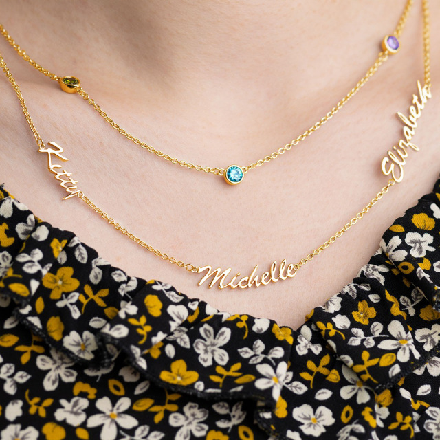 Sterling Silver with Yellow Gold Plated Personalized Birthstone & Personalized Classic Name Layered Necklace-6