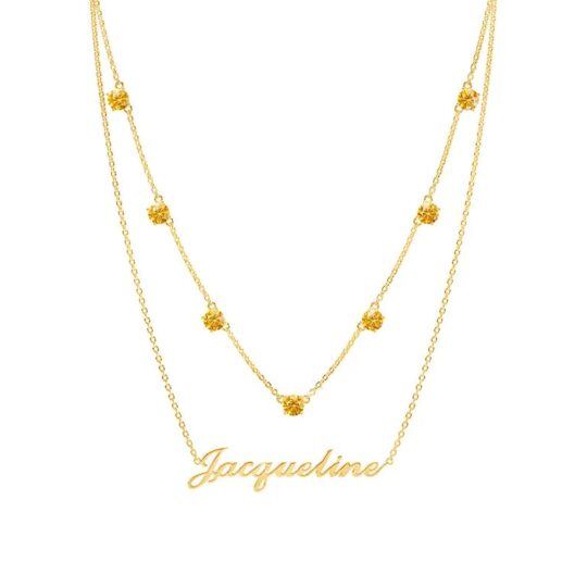 Sterling Silver With Gold Plated Round Cubic Zirconia Personalized Birthstone Classic Name Layered Necklace-1