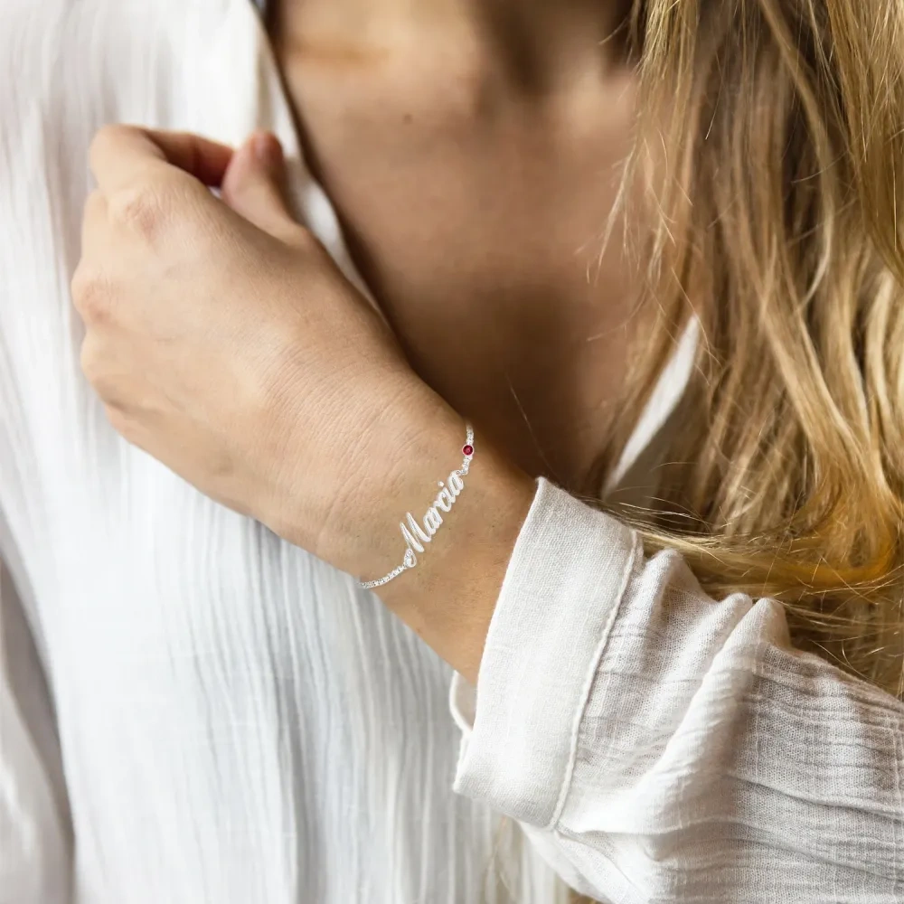 Sterling Silver With Gold Plated Personalized Birthstone With Personalized Classic Name Charm Bracelet-2