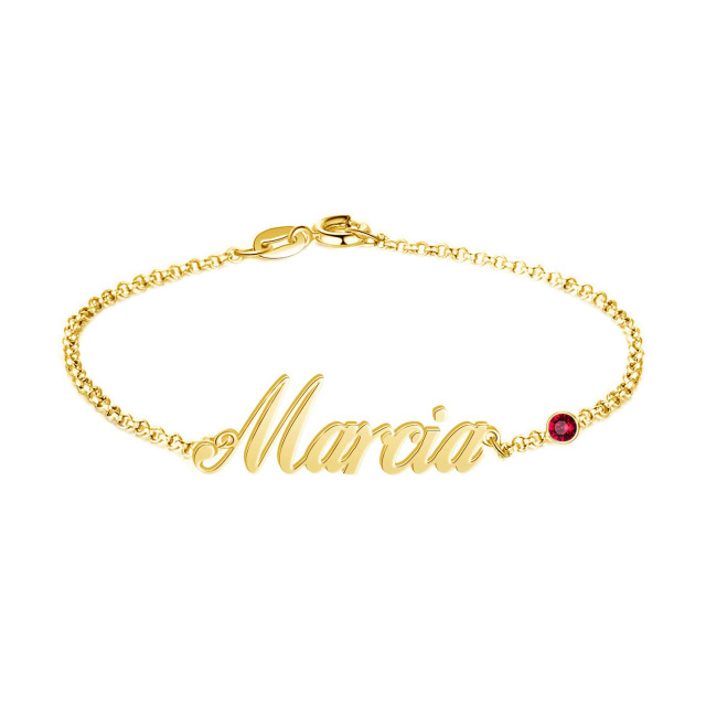 Sterling Silver with Yellow Gold Plated Cubic Zirconia Personalized Birthstone & Personalized Classic Name Pendant Bracelet-1