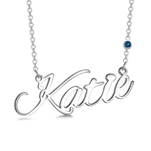 Collana con ciondolo in argento sterling con pietra di nascita e nome classico personalizzato-1