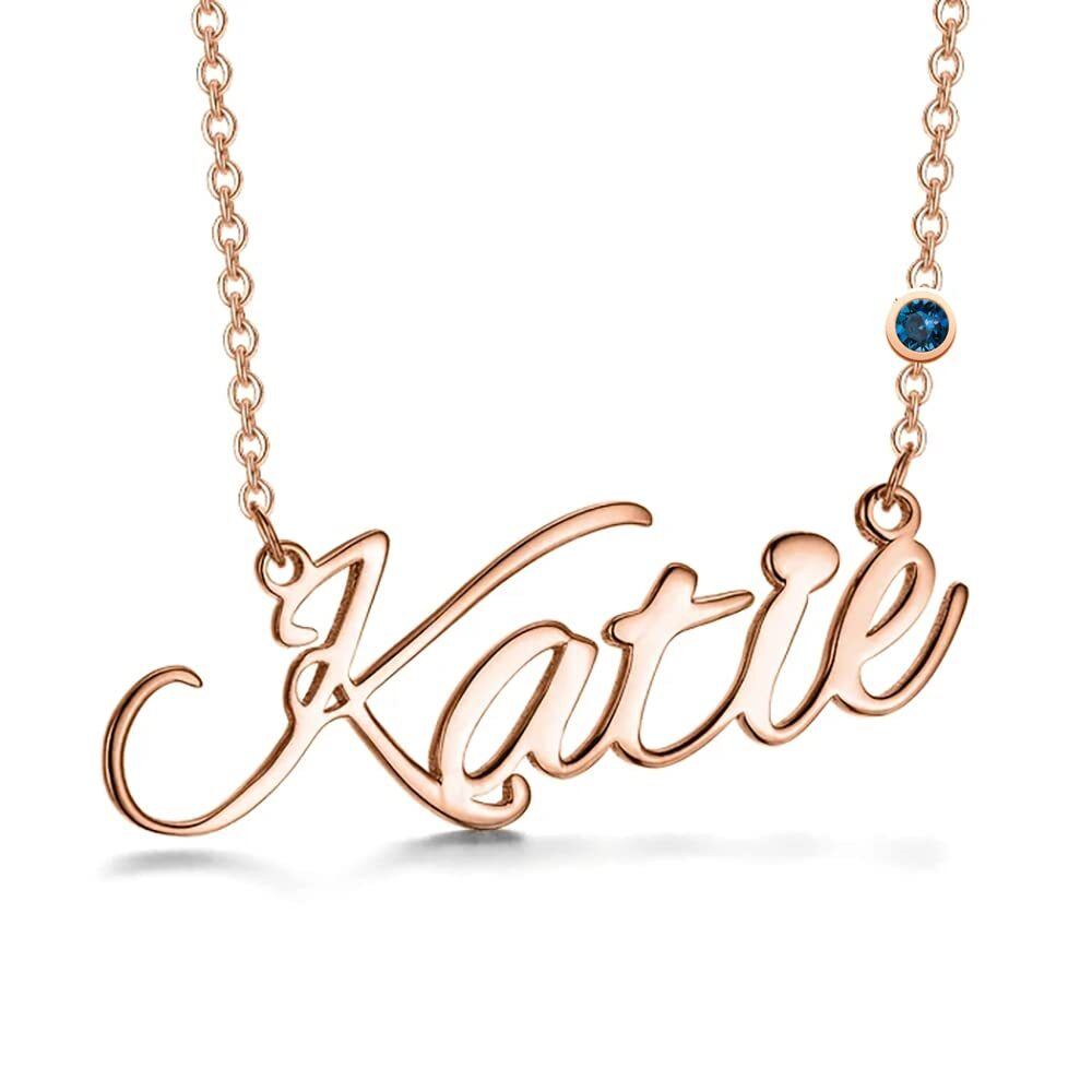 Sterling Silver With Rose Gold Plated Personalised Birthstone Classic Name Pendant Necklace For Women-1