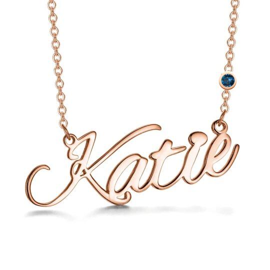 Collar con colgante de nombre clásico personalizado de plata de ley con piedra natal chapada en oro rosa para mujer