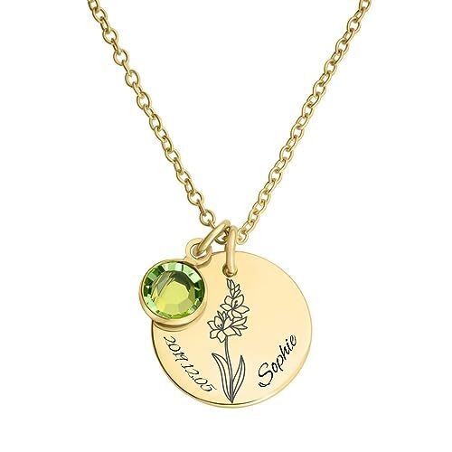 Collier avec pendentif en argent sterling avec zircone cubique plaqué or jaune, pierre de naissance personnalisée, gravure personnalisée, fleur de naissance