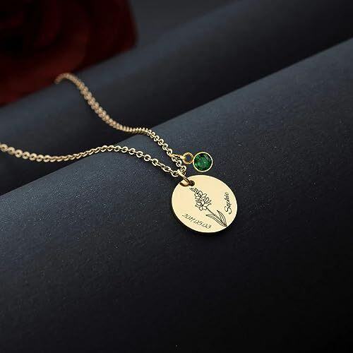 Collana con ciondolo fiore di nascita in argento sterling placcato oro giallo con pietra portafortuna personalizzata con incisione personalizzata-2