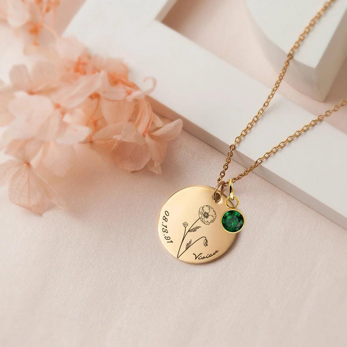 Sterling Silver with Yellow Gold Plated Cubic Zirconia & Personalized Birthstone & Personalized Engraving Birth Flower Pendant Necklace-5