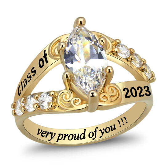 Sterling Silver with Yellow Gold Plated Cubic Zirconia Personalized Birthstone & Personalized Engraving Ring with Engraved Word