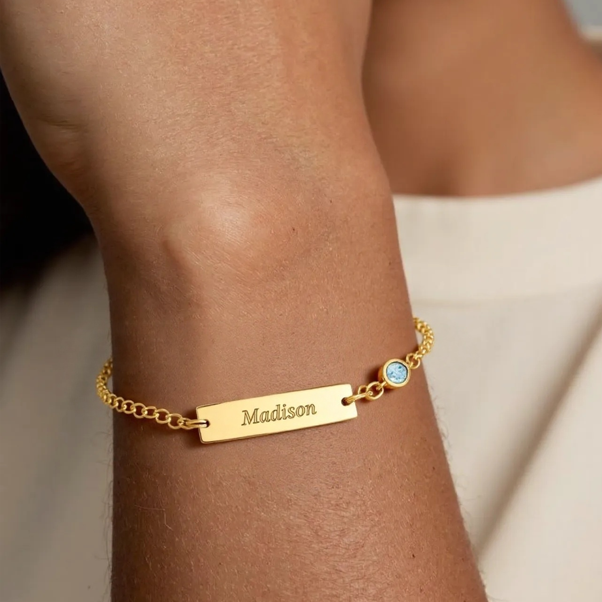 Sterling Silver with Yellow Gold Plated Personalized Birthstone Engraving Single Layer Charm Anklet-2