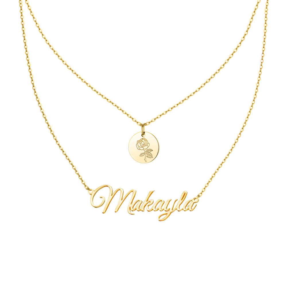 Collier superposé en argent sterling plaqué or jaune avec nom classique personnalisé et fleur de naissance-1