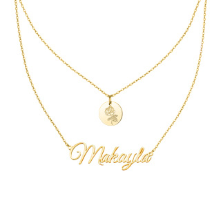 Sterling Silver with Yellow Gold Plated & Personalized Classic Name Birth Flower Layered Necklace-56