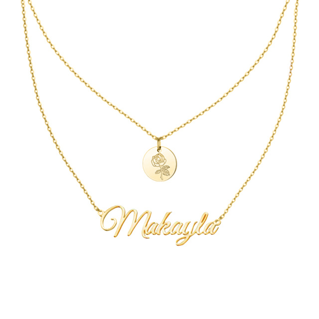 Sterling Silver with Yellow Gold Plated & Personalized Classic Name Birth Flower Layered Necklace-5