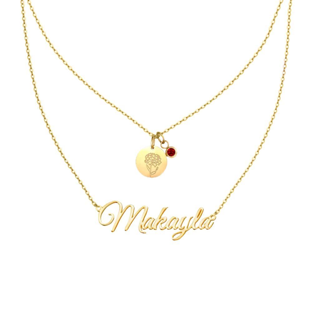 Collier superposé en argent sterling plaqué or jaune avec nom classique personnalisé et fleur de naissance-2