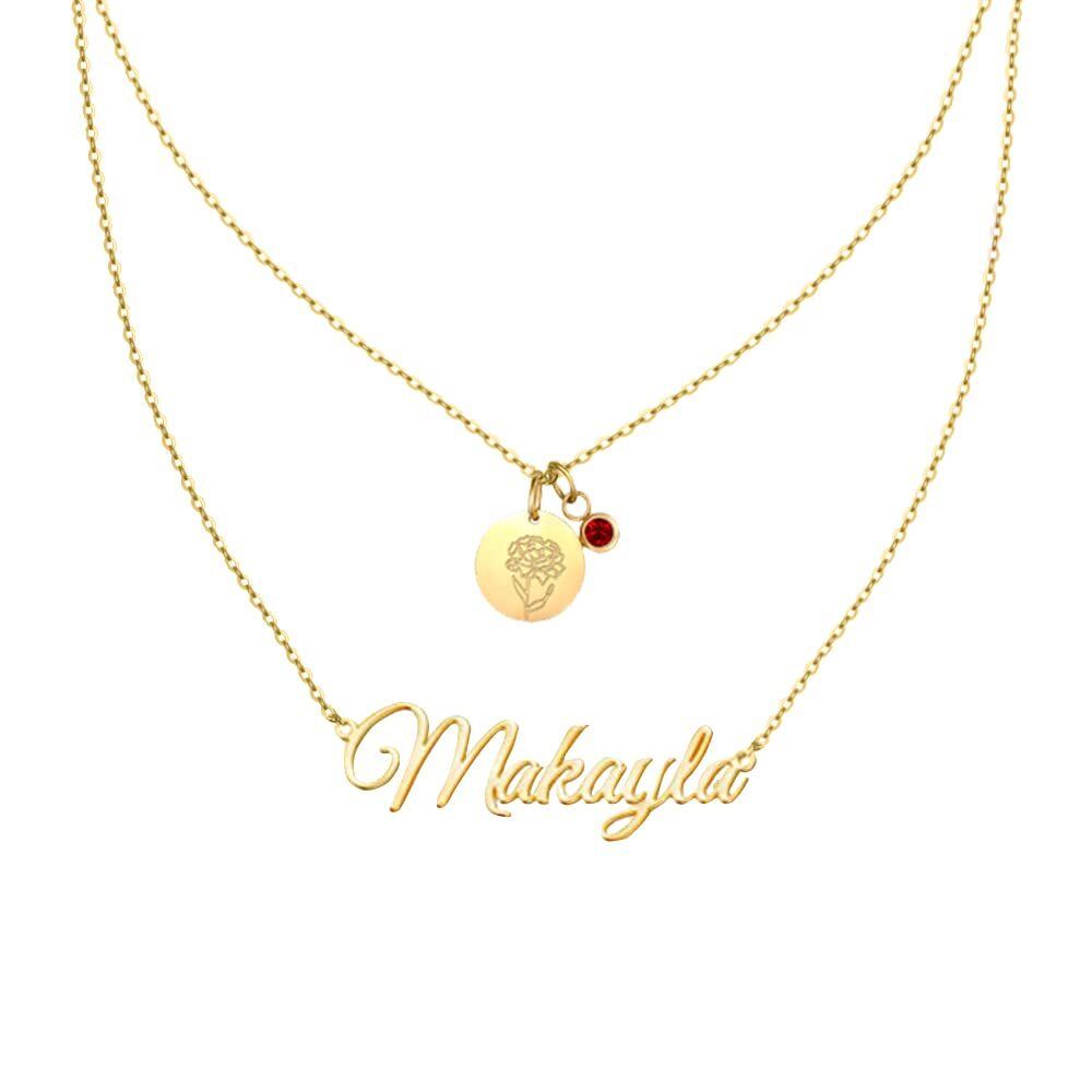 Sterling Silver with Yellow Gold Plated & Personalized Classic Name Birth Flower Layered Necklace-2