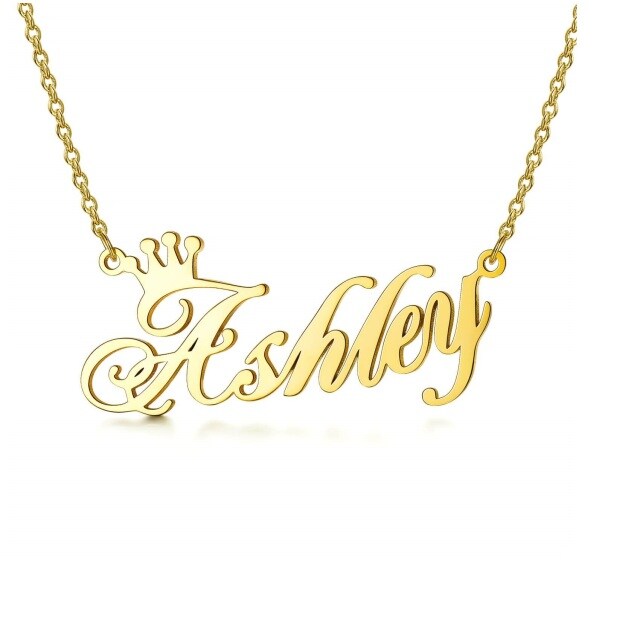 Sterling Silver with Yellow Gold Plated Personalized Classic Name & Crown Pendant Necklace-1