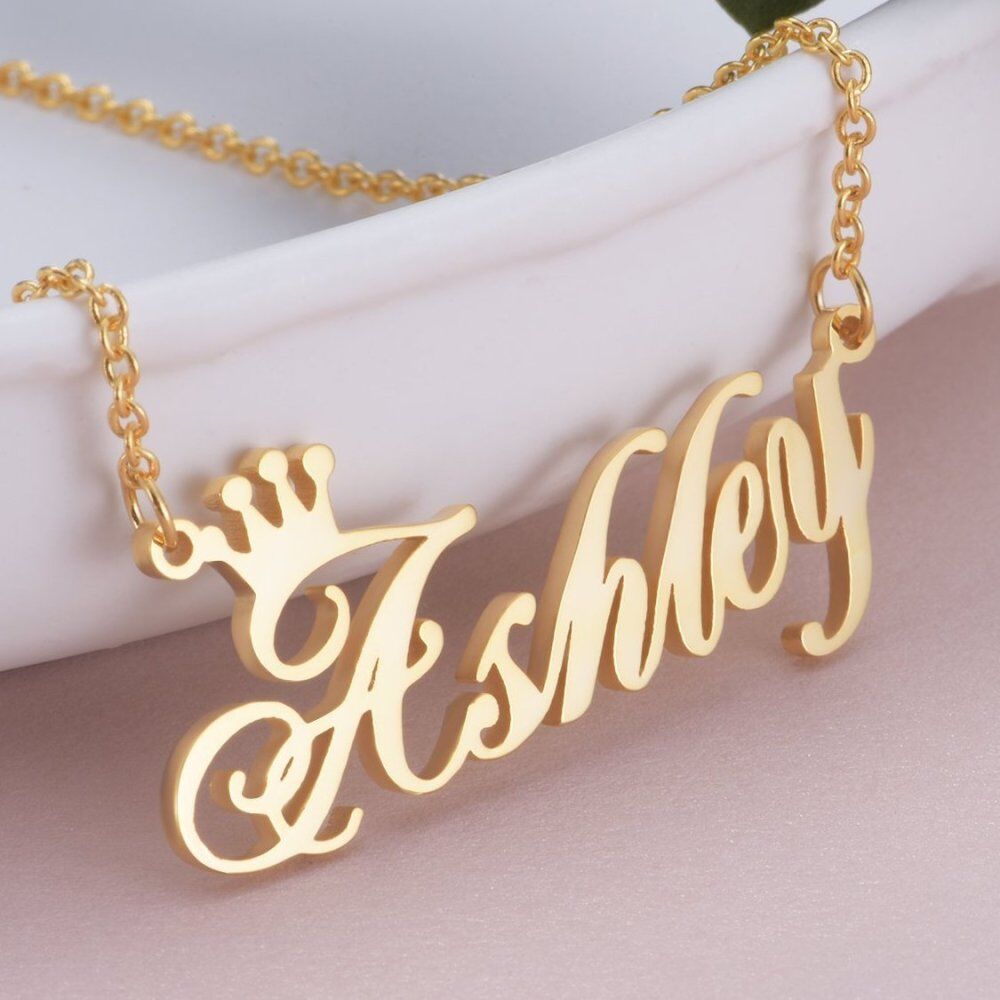 Sterling Silver With Yellow Gold Plated Crown Personalised Classic Name Pendant Necklace For Women-3