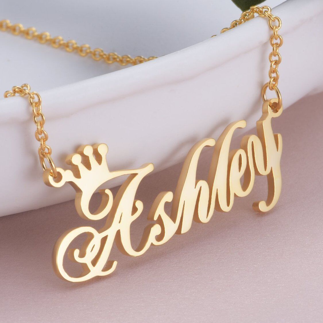 Sterling Silver with Yellow Gold Plated Personalized Classic Name & Crown Pendant Necklace-3