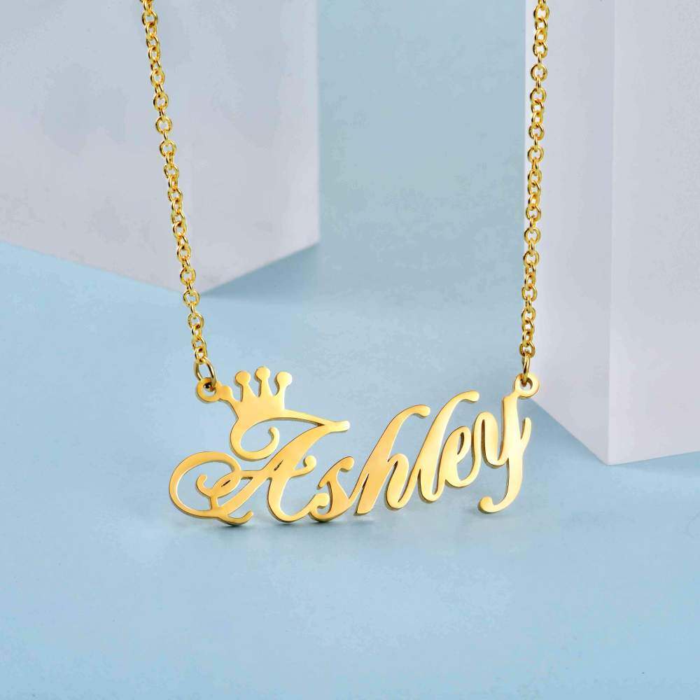 Sterling Silver With Yellow Gold Plated Crown Personalised Classic Name Pendant Necklace For Women-4