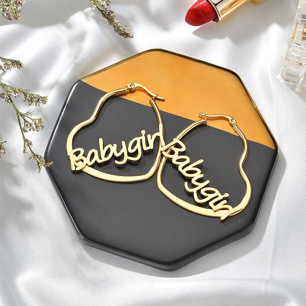 Sterling Silver with Yellow Gold Plated Personalized Classic Name & Heart Hoop Earrings-2