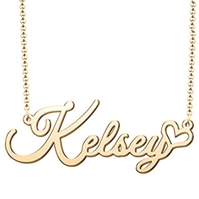 Sterling zilver met geelgoud verguld Gepersonaliseerde klassieke naam & hart hanger ketting in Kelsey stijl