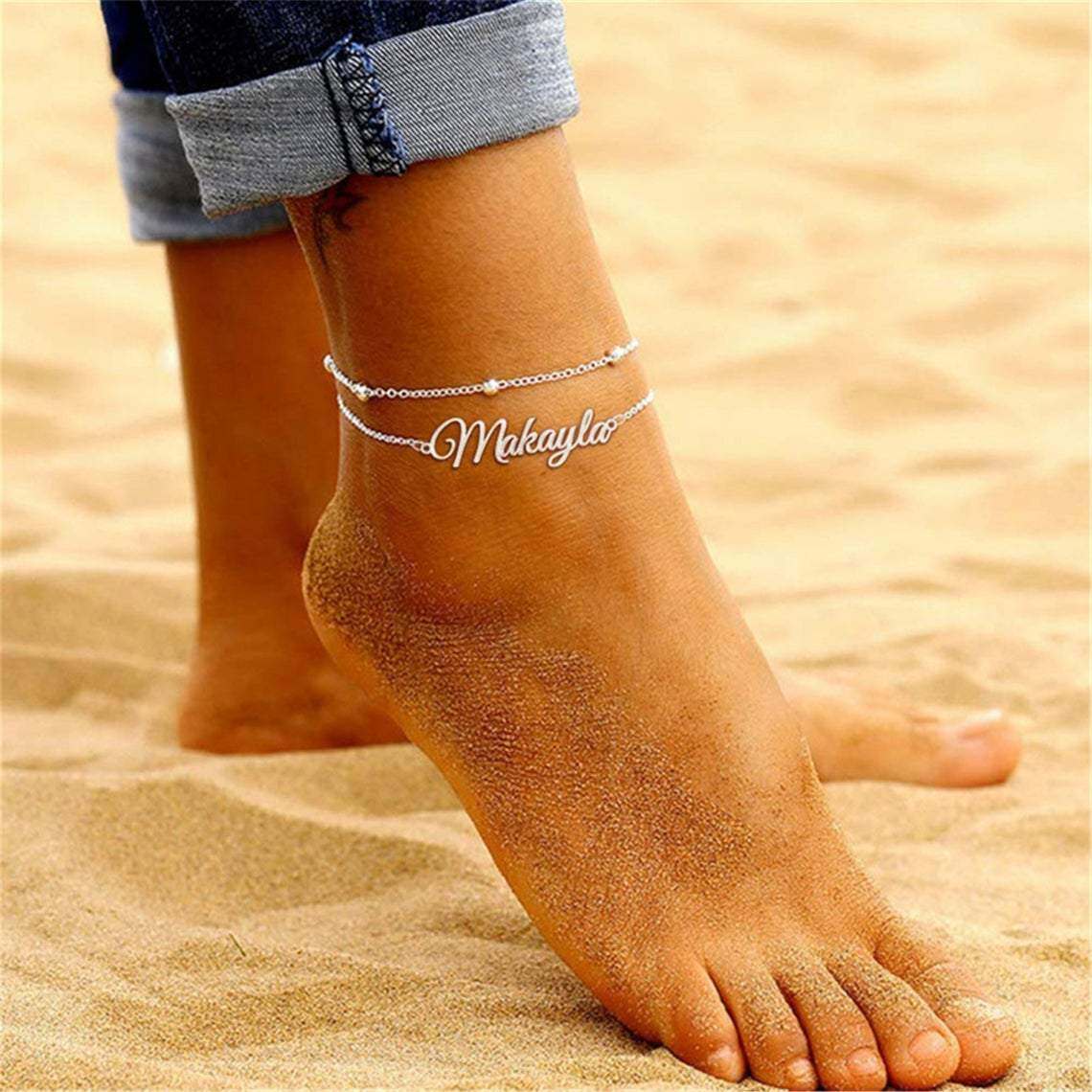 Sterling Silver with Yellow Gold Plated Personalized Classic Name Multi-layered Anklet-3