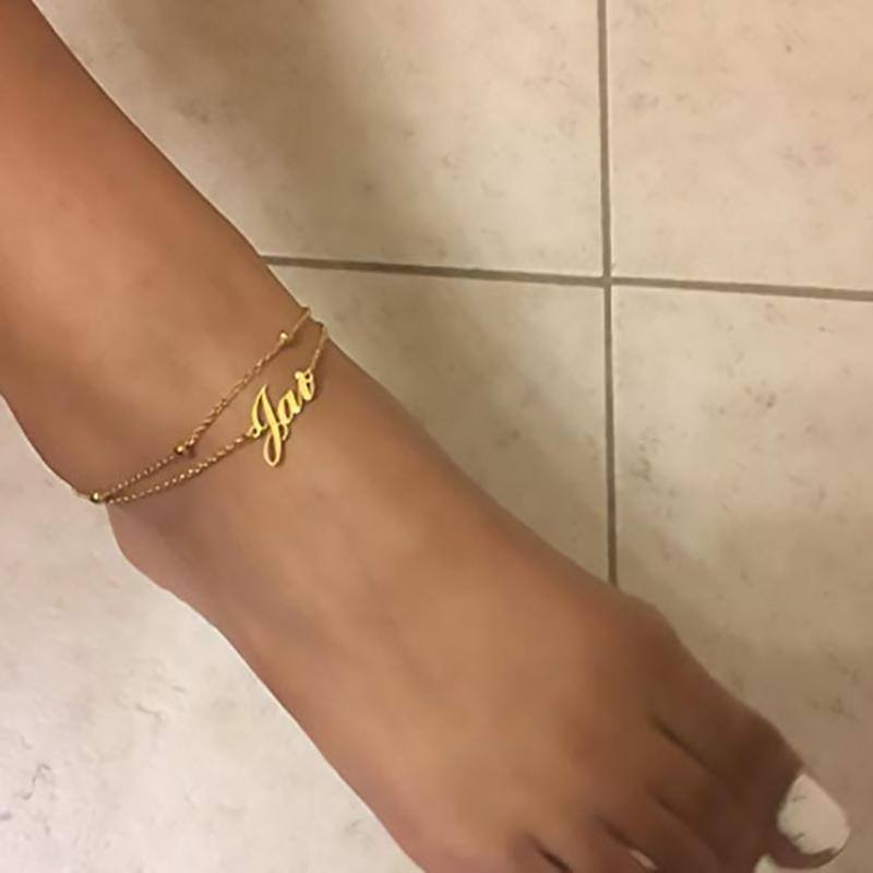 Sterling Silver with Yellow Gold Plated Personalized Classic Name Multi-layered Anklet-2