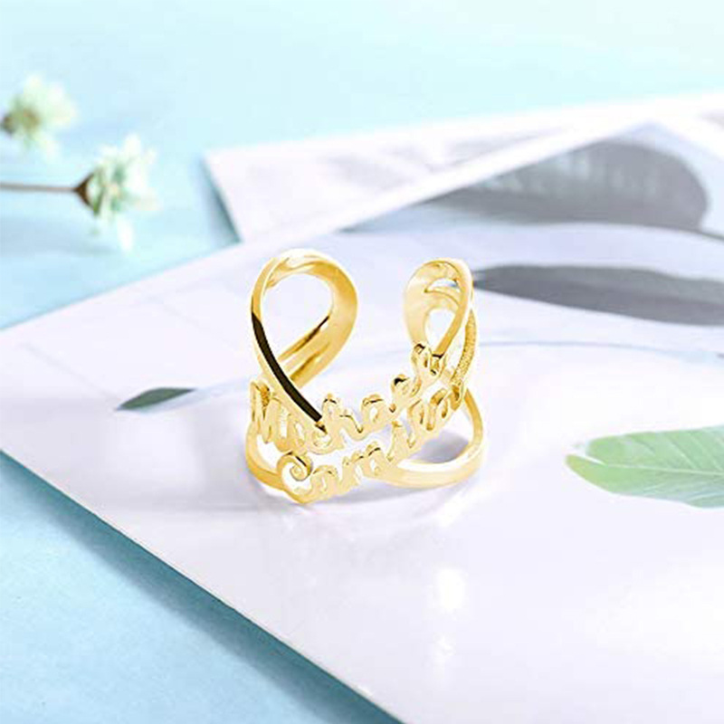 Anillo abierto con nombre clásico personalizado en plata de ley con baño de oro amarillo y circonita cúbica-3