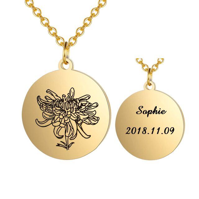 Sterling Silver with Yellow Gold Plated & Personalized Engraving Birth Flower Pendant Necklace-5