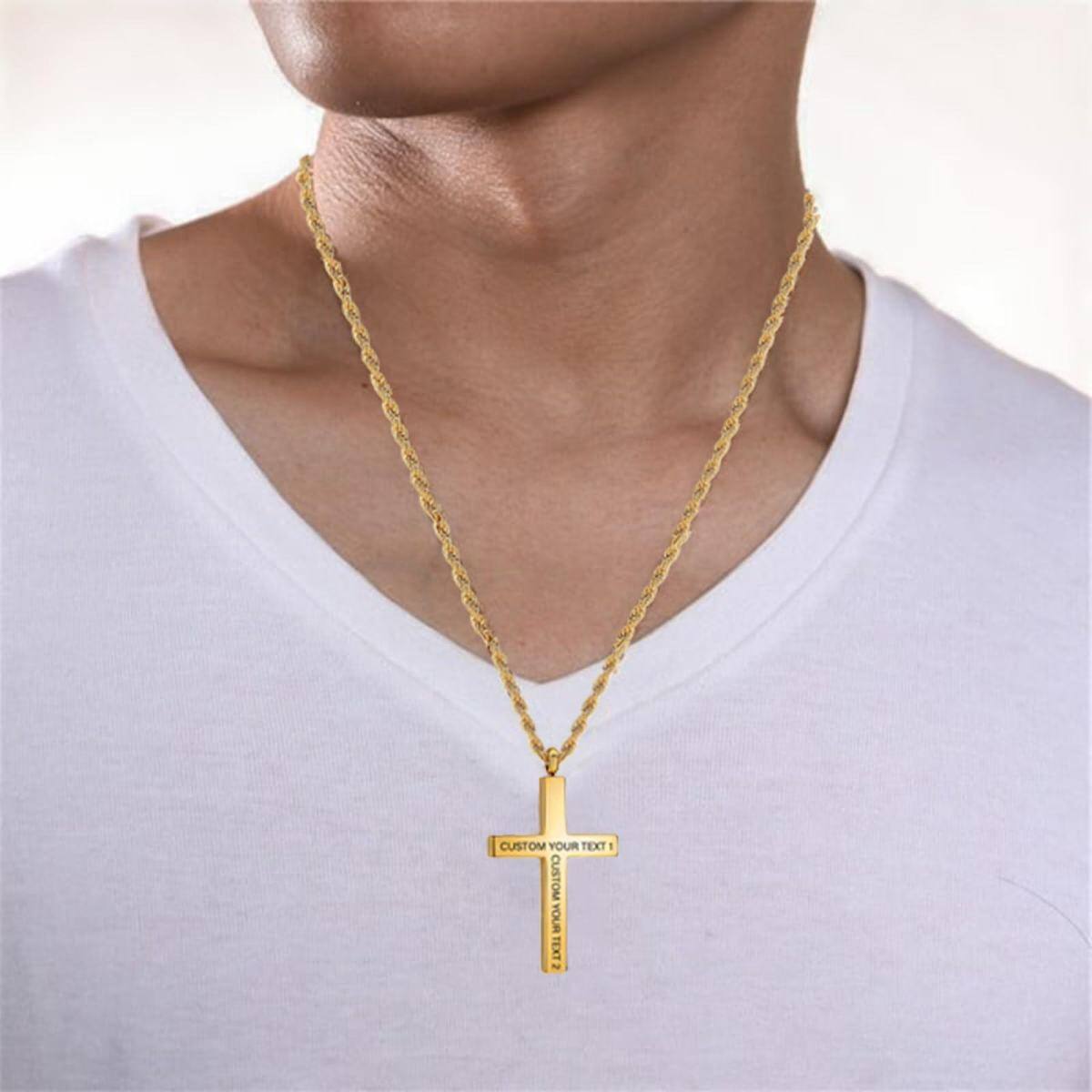 Sterling Silver with Yellow Gold Plated Personalized Engraving Cross Pendant Necklace for Men-2