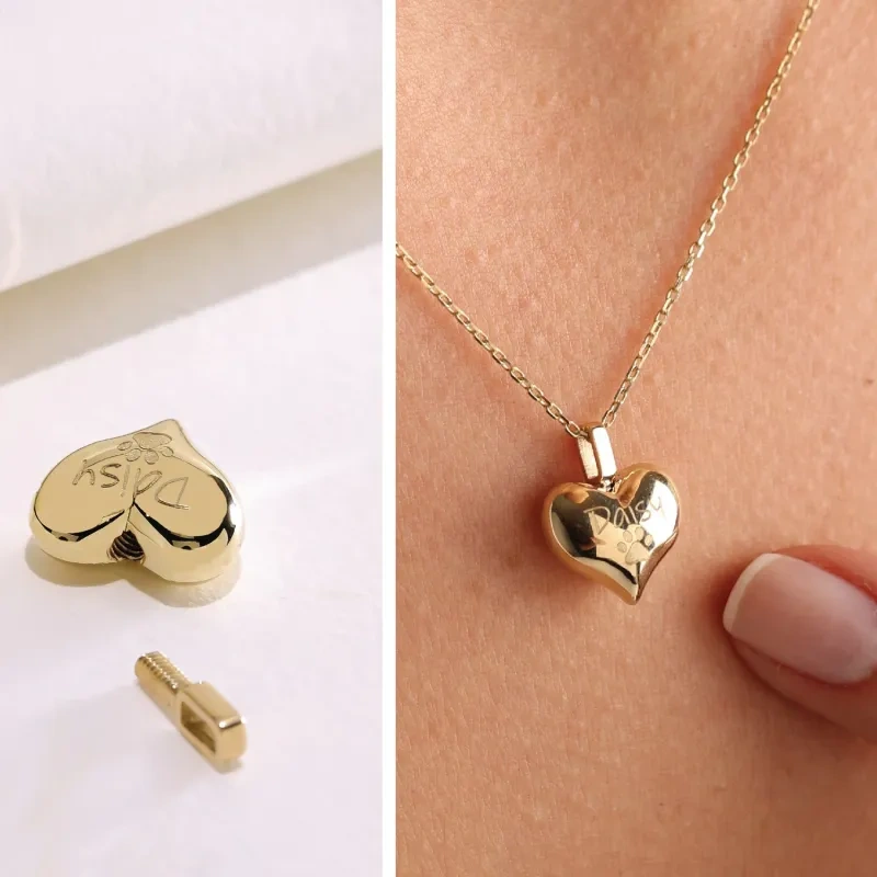 قلادة على شكل جرة قلبية مخصصة للرماد، مصنوعة من الفضة الإسترليني ومطلية بالذهب الأصفر مع حفر شخصي.-2