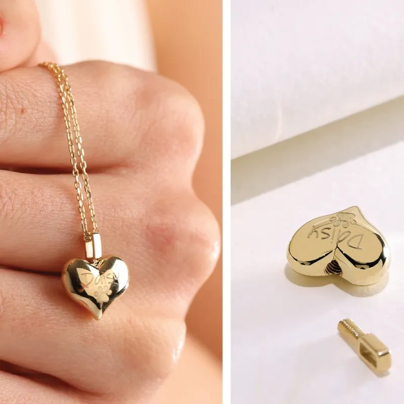 قلادة على شكل جرة قلبية مخصصة للرماد، مصنوعة من الفضة الإسترليني ومطلية بالذهب الأصفر مع حفر شخصي.-3