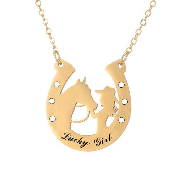 Sterling Silver with Yellow Gold Plated & Personalized Engraving Horse Pendant Necklace-1